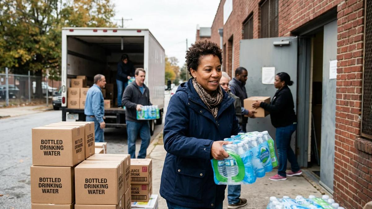 Shelter residents receive bottled juice and water, demonstrating community support for the vulnerable
