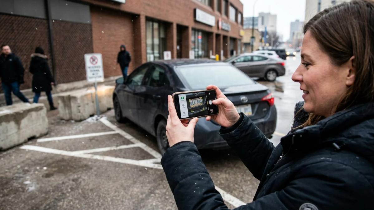 Mobile phone displaying parking app interface, reporting a red car in a restricted zone