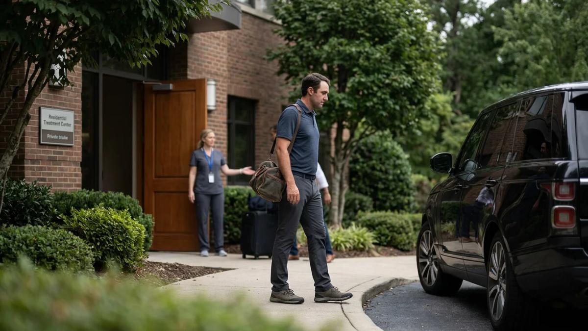 Tiger Woods in a golf cart, reflecting on his struggles and recent pain medication rehab