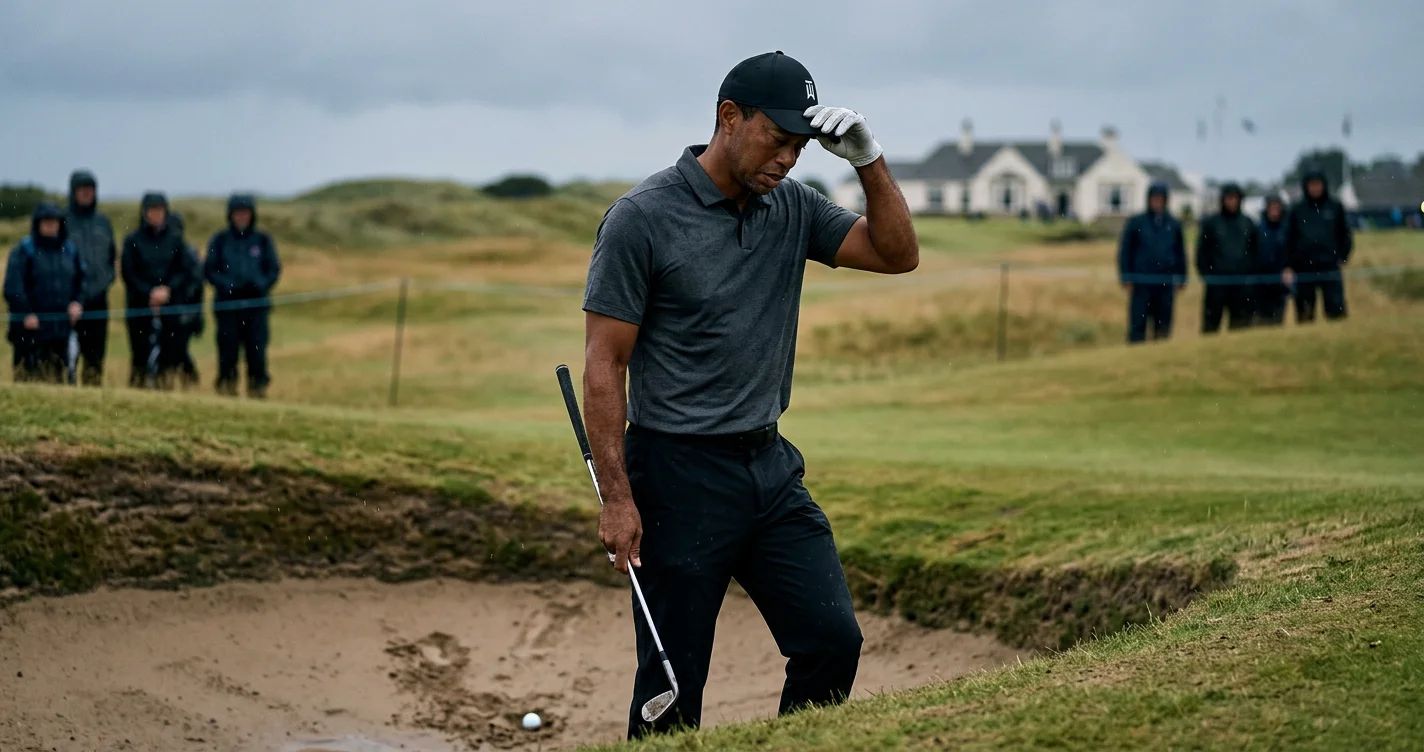 Golf legend Tiger Woods looking off in the distance, contemplating his athletic earnings
