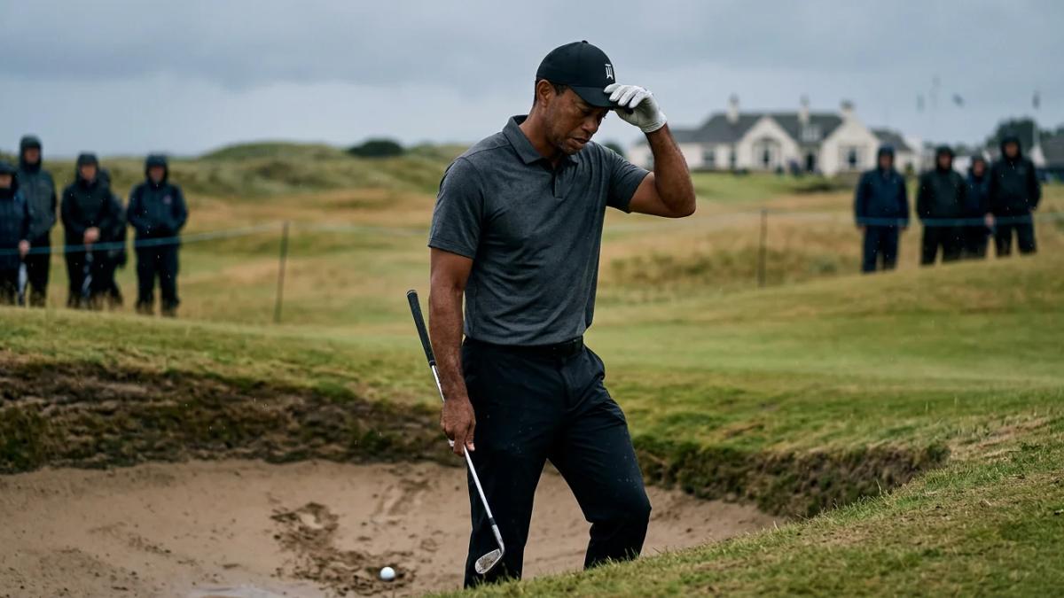 Golf legend Tiger Woods looking off in the distance, contemplating his athletic earnings