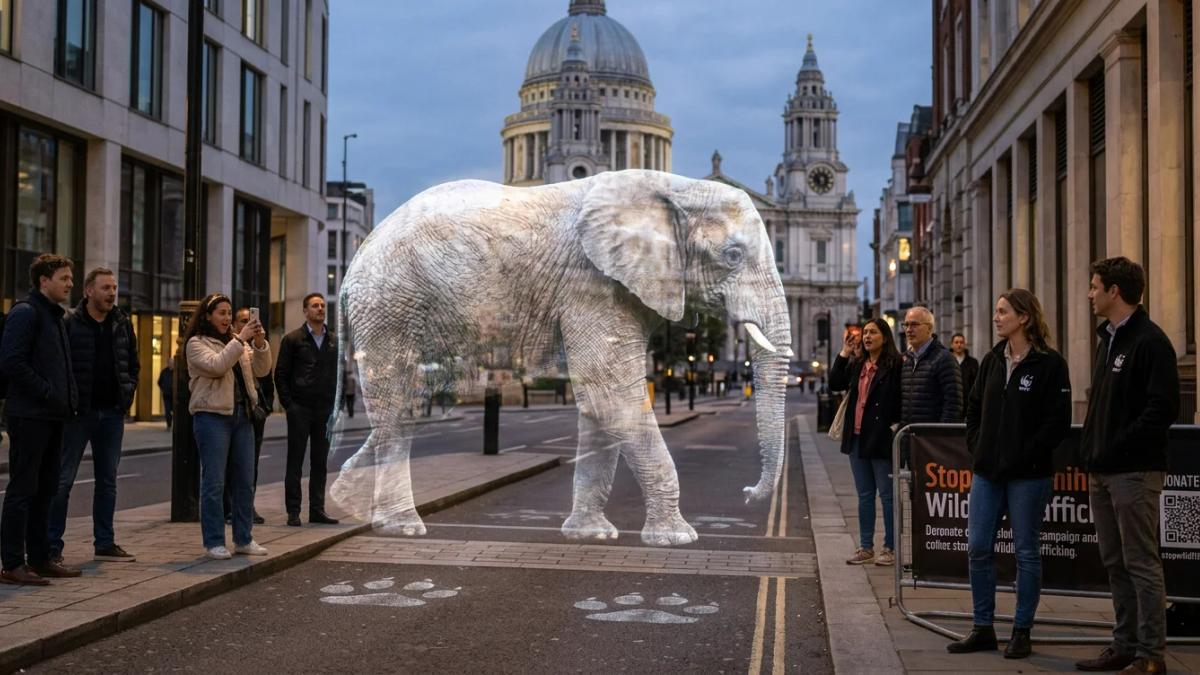 A massive hologram elephant appears before St Paul's Cathedral, highlighting wildlife trafficking