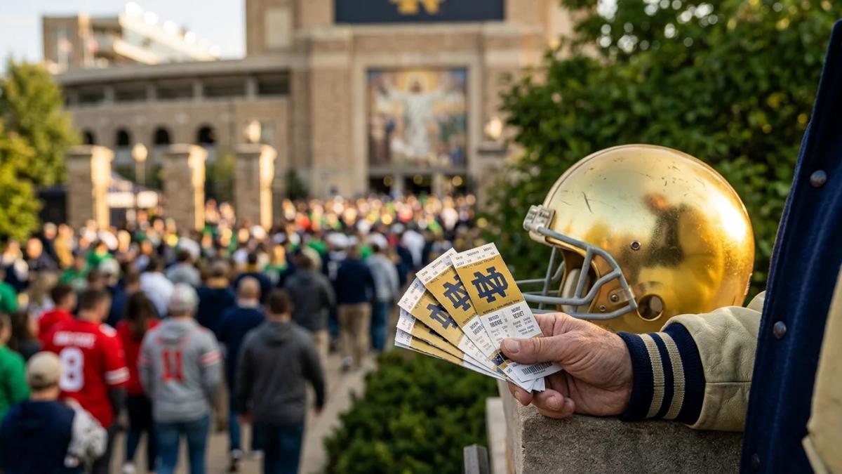 A vintage Notre Dame helmet on a football, symbolizing college football's enduring legacy