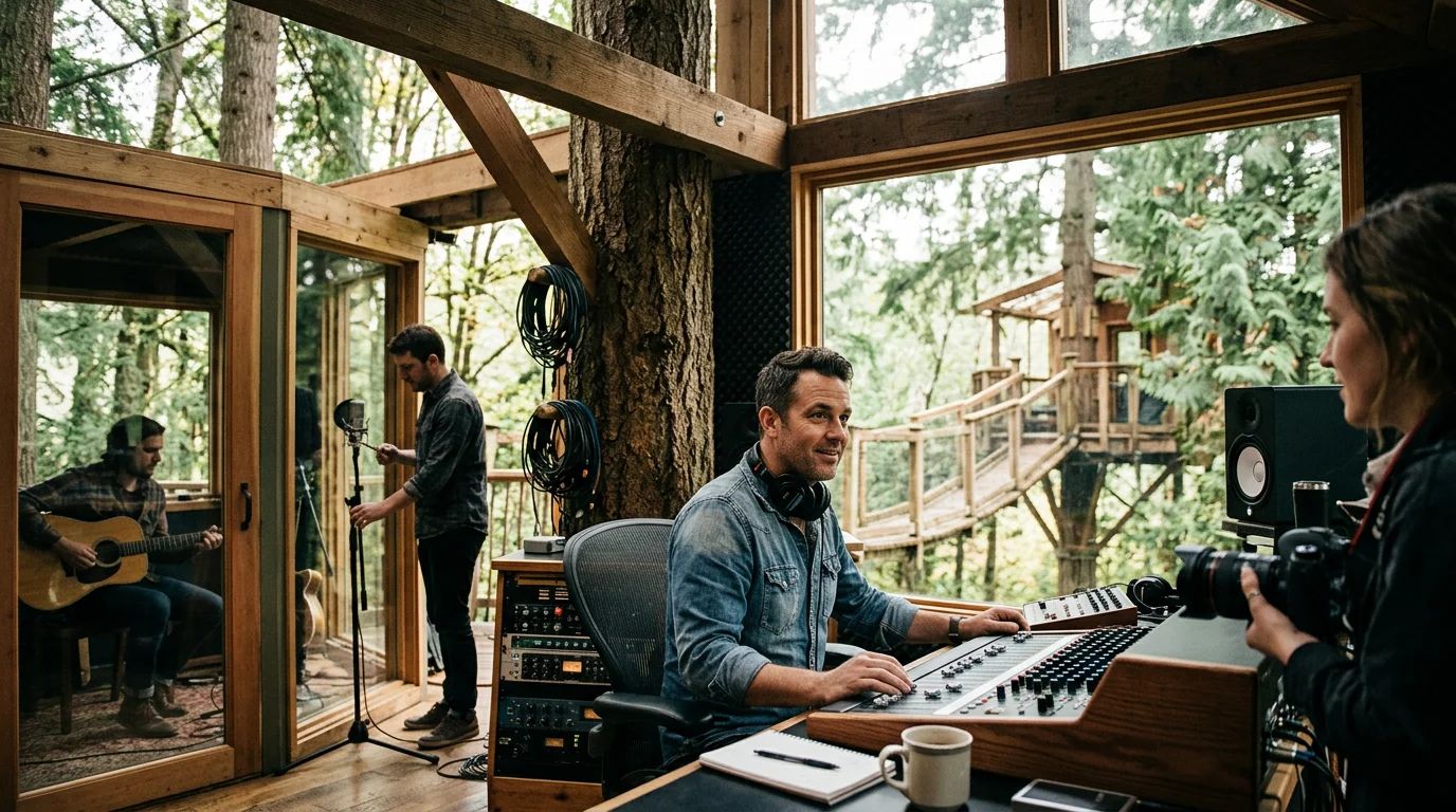 A unique treehouse studio in a lush forest, where music comes alive