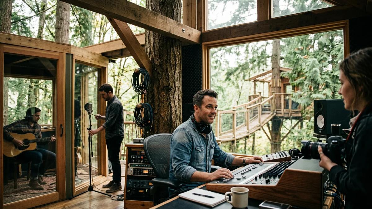 A unique treehouse studio in a lush forest, where music comes alive