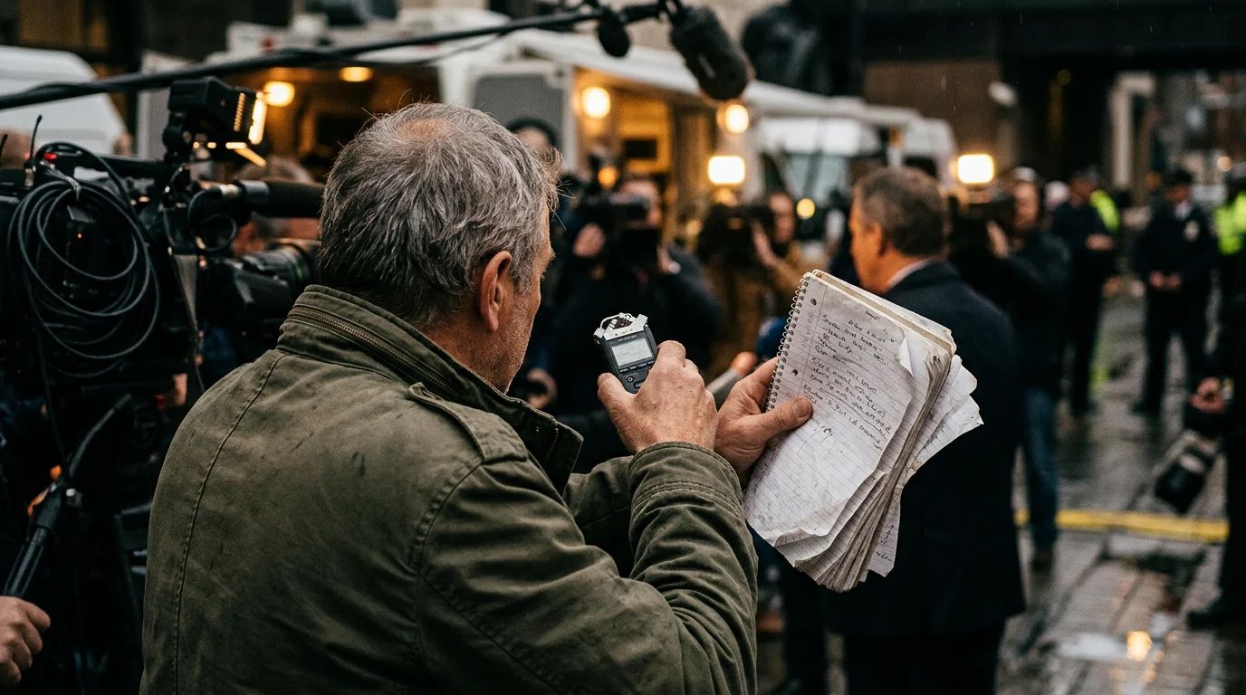 A journalist records a news story, questioning trust in media reporting