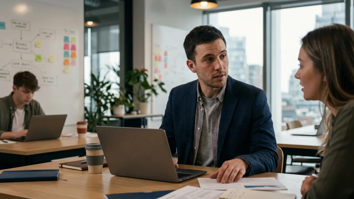Young CEO in a modern office, planning strategies for business growth