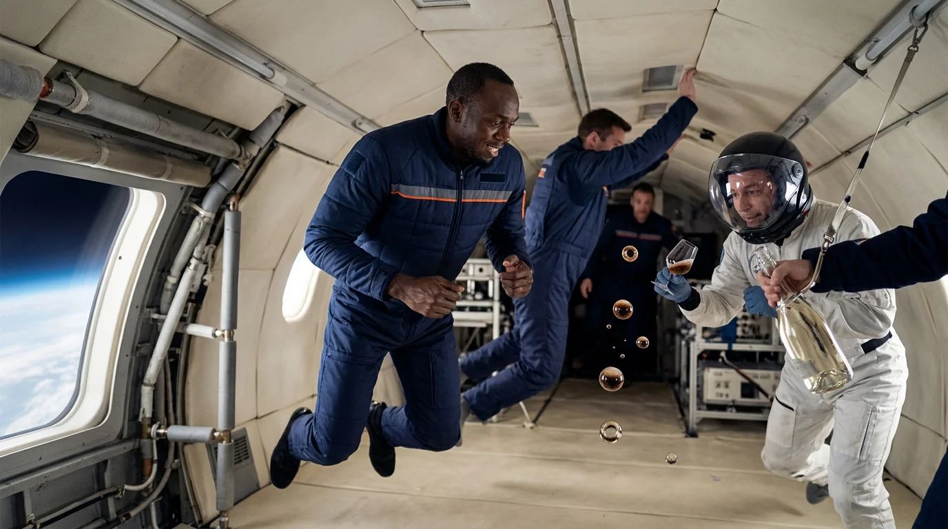 Usain Bolt floats while uncorking champagne in a zero-gravity airplane