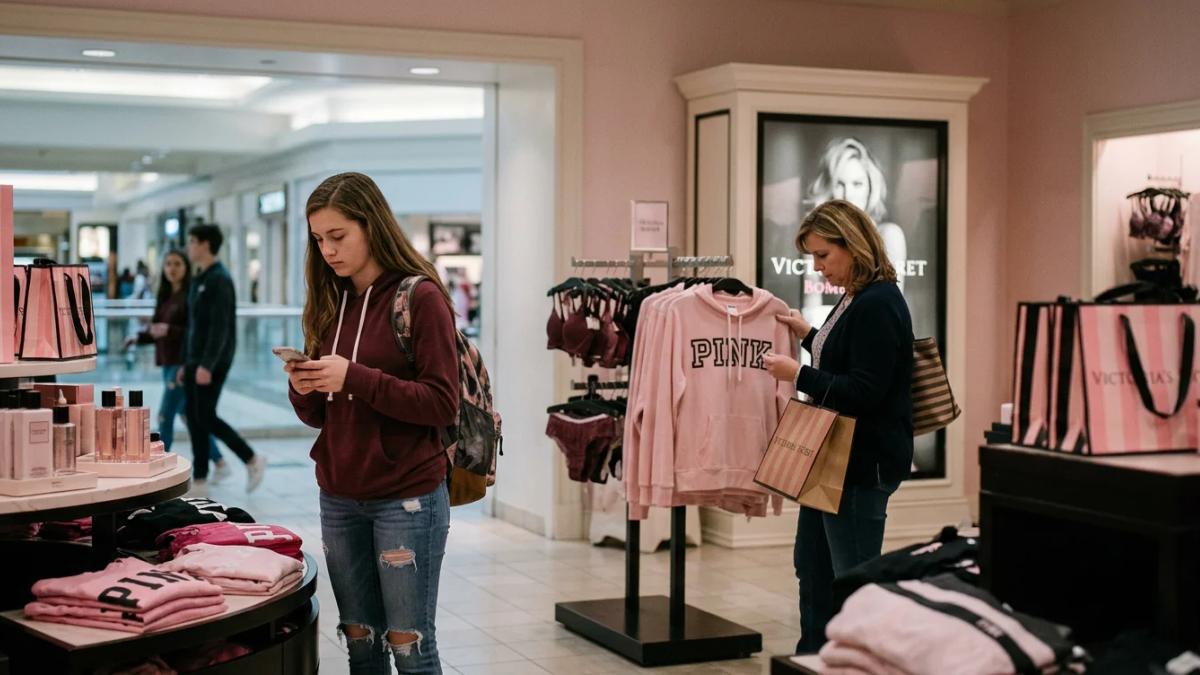 Young women walk past a Victoria's Secret store, highlighting its generational branding issues