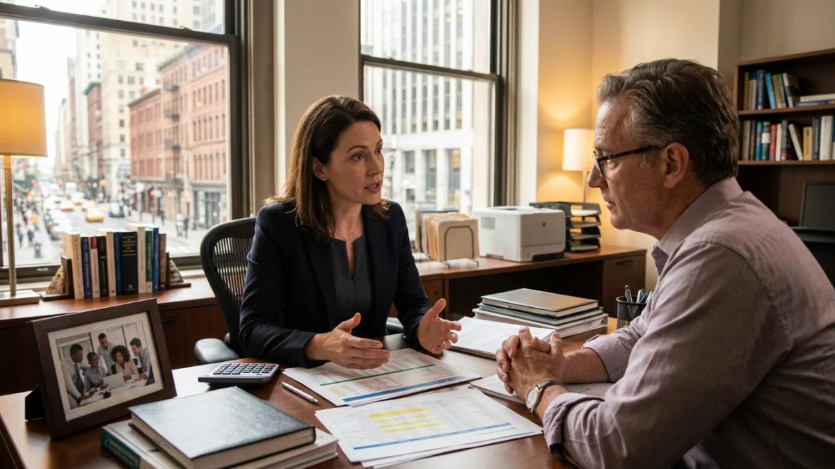 A businessman in a suit with a city street in the background, discussing the intersection of finance and everyday life