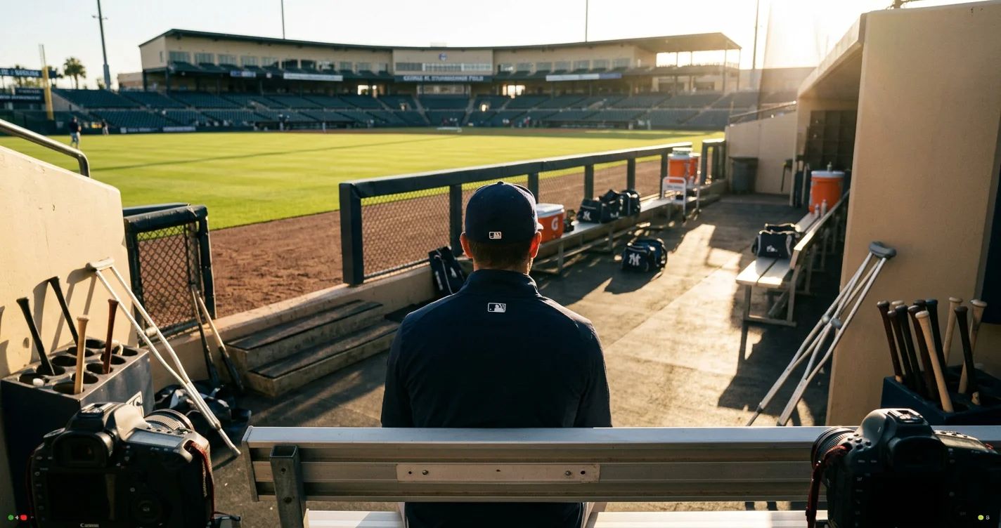 A baseball uniform, glove, and bat lie empty, hinting at A-Rod's absence from spring training
