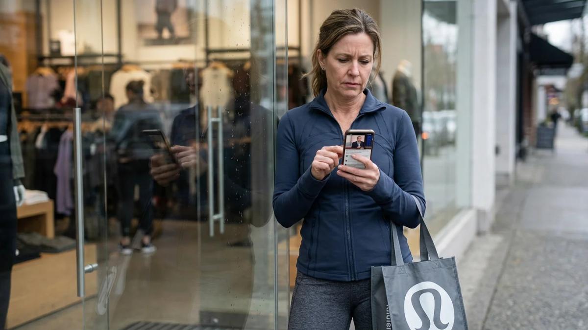A woman in yoga pants crosses her legs while holding a phone in front of her